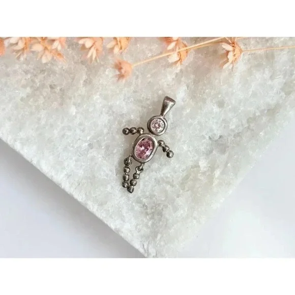 90's Sterling Vintage Tiny Dainty Pink October Birthstone Tourmaline Pendant - Picture 2 of 9